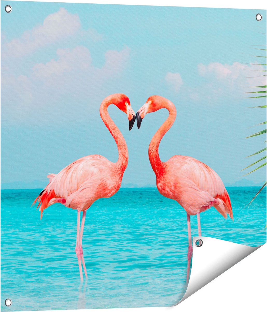Gards Tuinposter Twee Flamingo's in een Hart Vorm in het Water - 70x70 cm - Tuindoek - Tuindecoratie - Wanddecoratie buiten - Tuinschilderij Multikleur