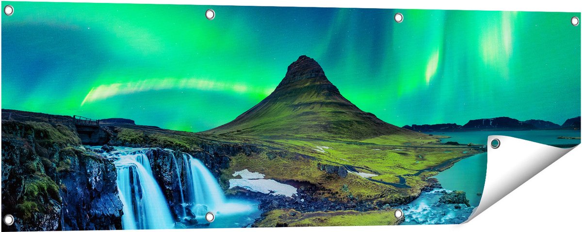 Gards Tuinposter Noorderlicht bij de Watervallen in IJsland - 120x40 cm - Tuindoek - Tuindecoratie - Wanddecoratie buiten - Tuinschilderij Multikleur