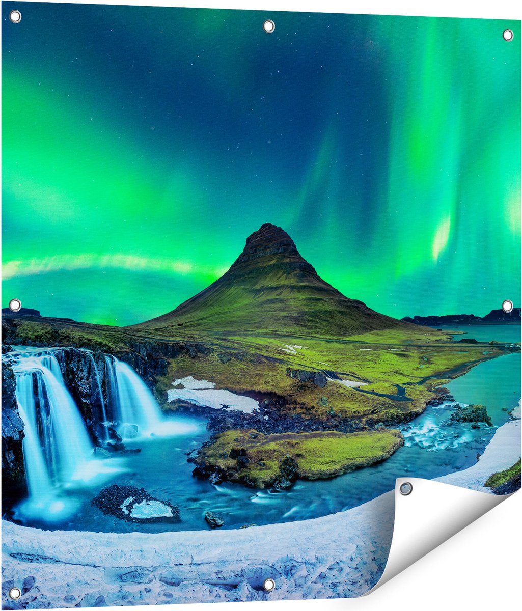 Gards Tuinposter Noorderlicht bij de Watervallen in IJsland - 80x80 cm - Tuindoek - Tuindecoratie - Wanddecoratie buiten - Tuinschilderij Multikleur