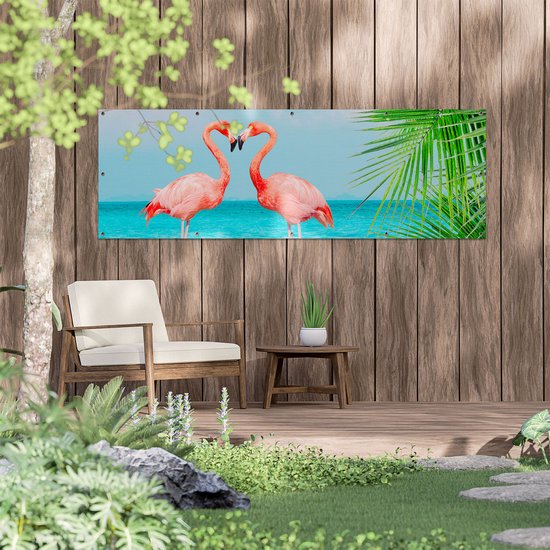 Gards Affiche de jardin Deux Flamants roses en forme de coeur dans l' Water - 180x60 cm - Toile jardin - Décoration de jardin - Décoration murale extérieur - Tableau jardin