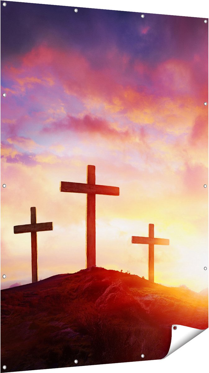 Gards Tuinposter Kruisiging van Jezus Christus - Drie Kruisen - 120x180 cm - Tuindoek - Tuindecoratie - Wanddecoratie buiten - Tuinschilderij Multikleur
