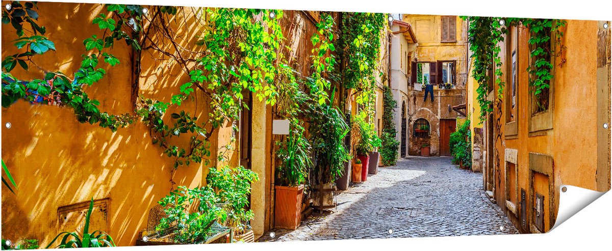 Gards Tuinposter Straatje in Rome met Groene Planten - 210x70 cm - Tuindoek - Tuindecoratie - Wanddecoratie buiten - Tuinschilderij Multikleur