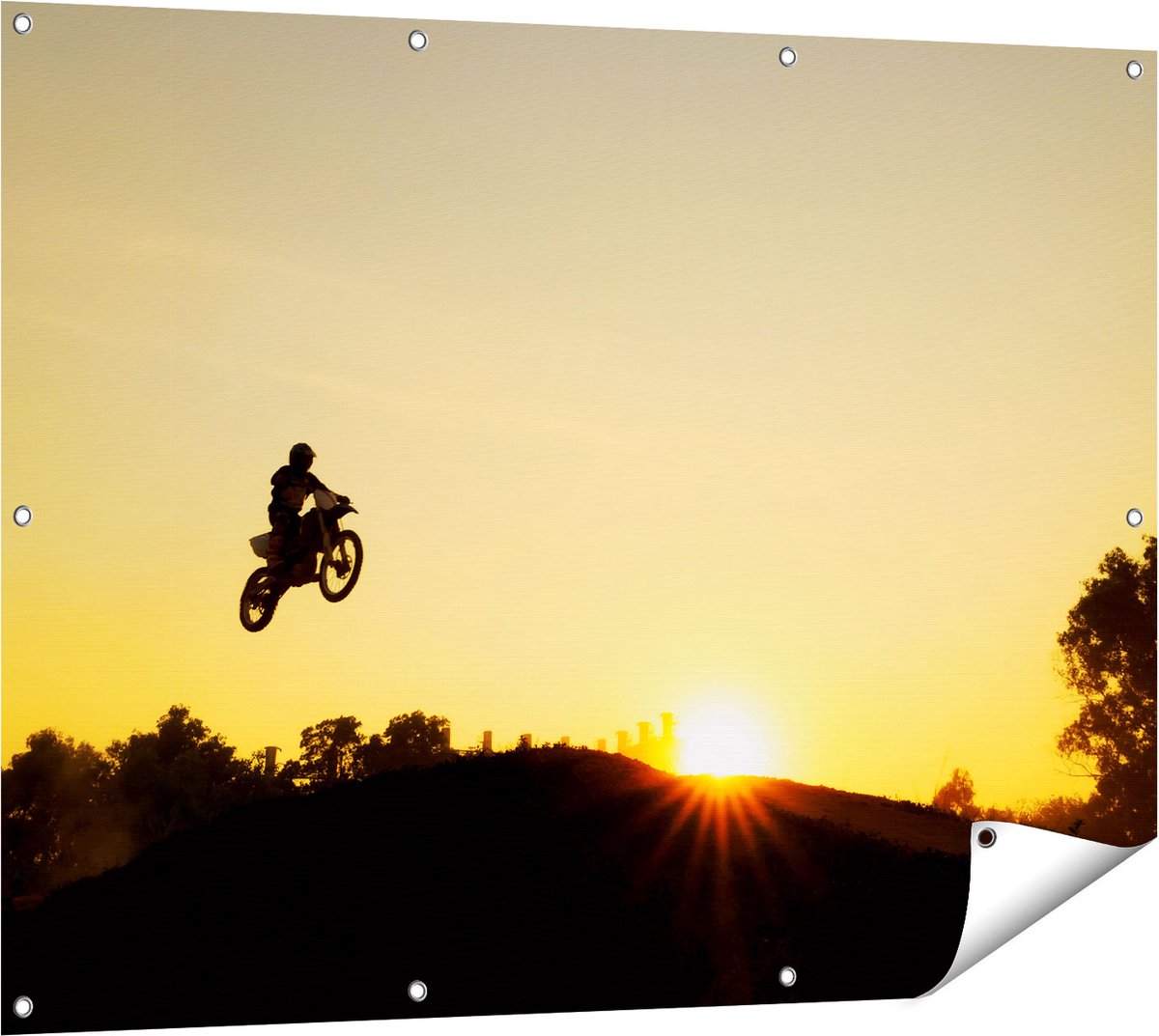 Gards Tuinposter Silhouet van een Motorcross bij Zonsondergang - 120x90 cm - Tuindoek - Tuindecoratie - Wanddecoratie buiten - Tuinschilderij Multikleur