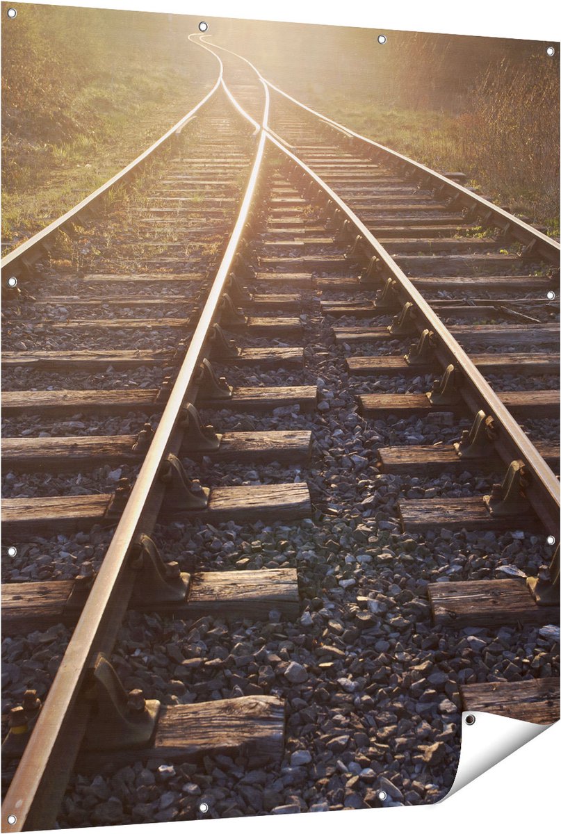 Gards Tuinposter Twee Kruisende Rails Spoorwegen - 120x150 cm - Tuindoek - Tuindecoratie - Wanddecoratie buiten - Tuinschilderij Multikleur