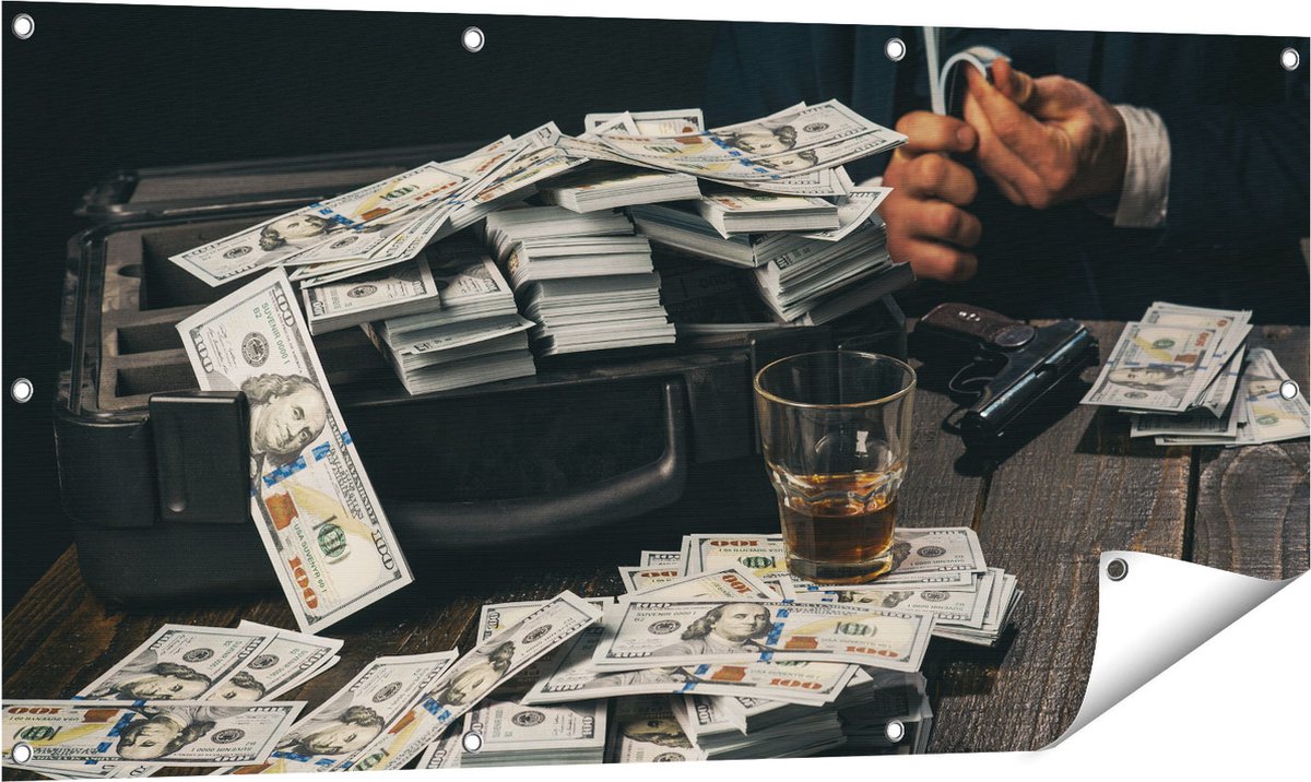 Gards Tuinposter Dollar Geld Briefjes op Tafel van de Maffia - 120x60 cm - Tuindoek - Tuindecoratie - Wanddecoratie buiten - Tuinschilderij Multikleur
