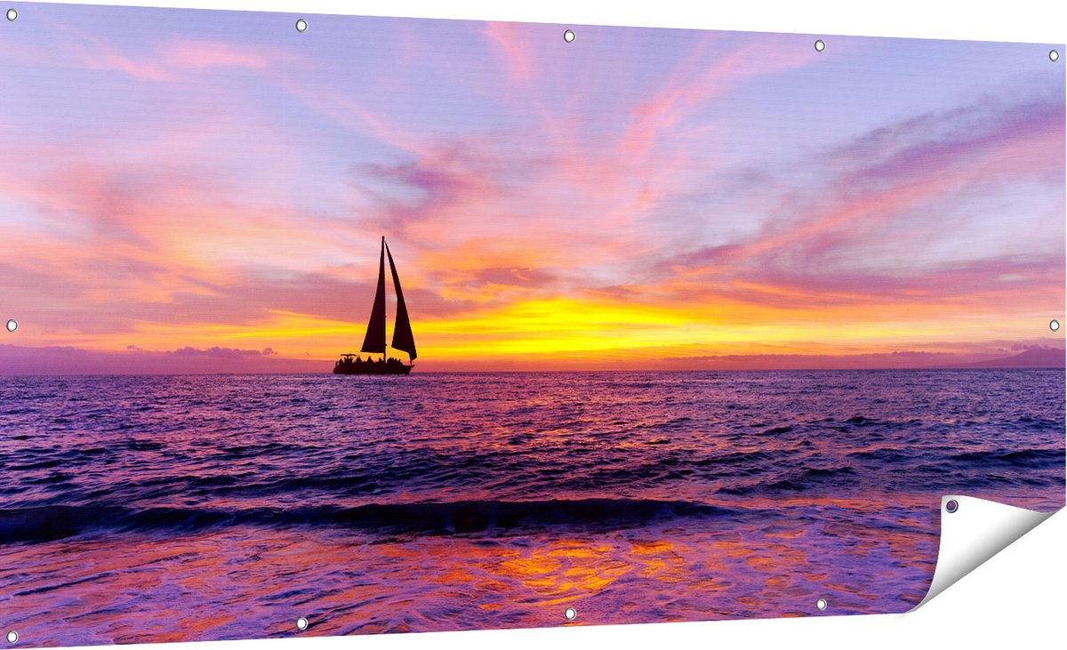 Gards Tuinposter Zeilboot Silhouet bij Zonsondergang - 180x90 cm - Tuindoek - Tuindecoratie - Wanddecoratie buiten - Tuinschilderij Multikleur