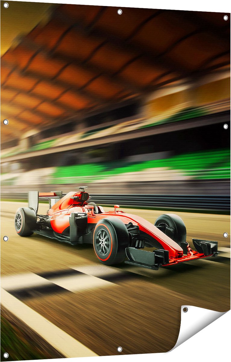 Gards Tuinposter Formule 1 Auto bij de Finish in het Rood - 90x120 cm - Tuindoek - Tuindecoratie - Wanddecoratie buiten - Tuinschilderij Multikleur