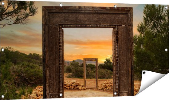 Foto: Gards tuinposter cale llentia deur opening in ibiza 120x60 cm tuindoek tuindecoratie wanddecoratie buiten tuinschilderij