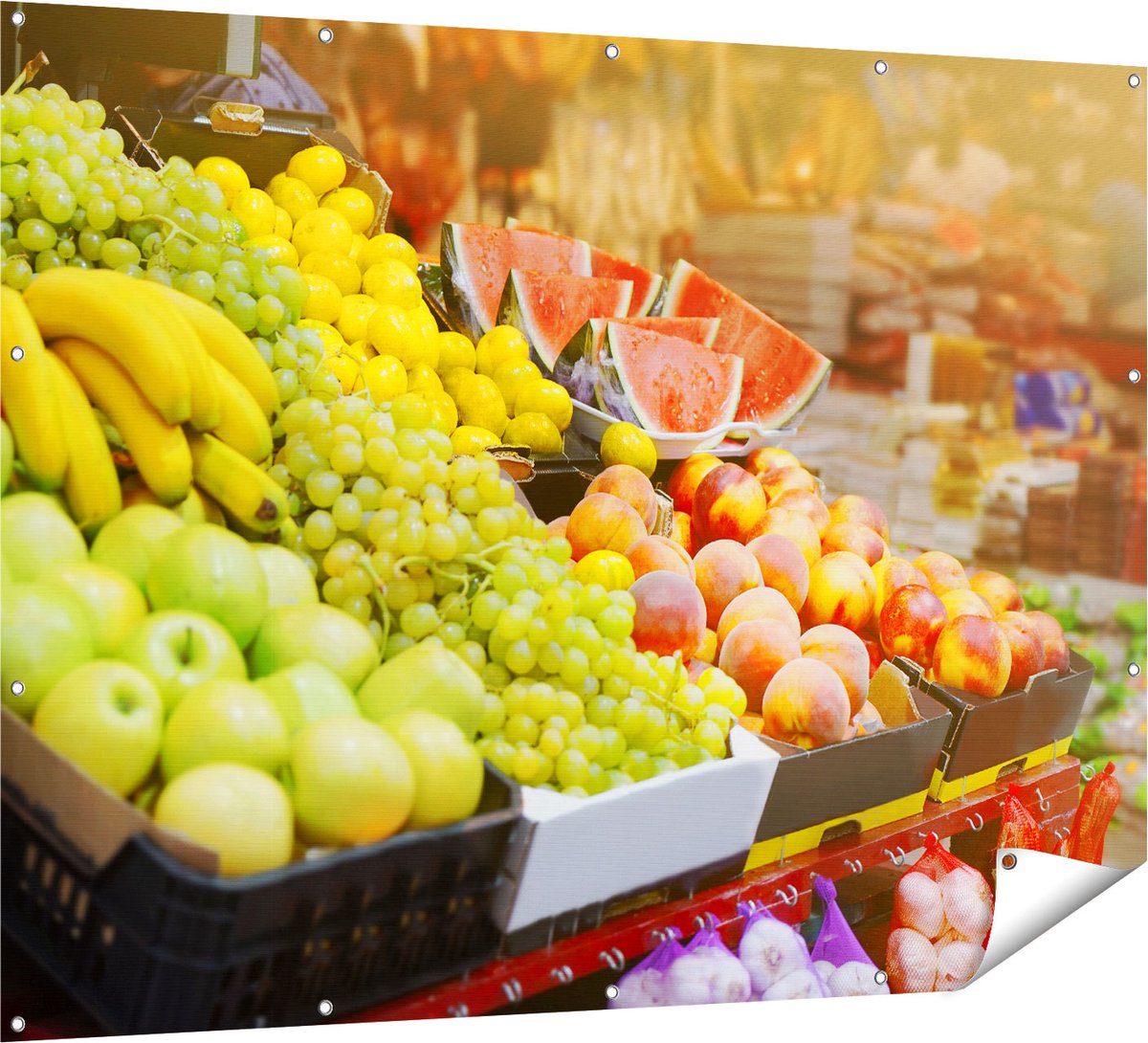 Gards Tuinposter Vers Fruit op de Markt - 160x120 cm - Tuindoek - Tuindecoratie - Wanddecoratie buiten - Tuinschilderij Multikleur