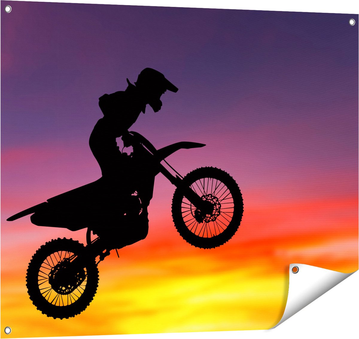 Gards Tuinposter Silhouet van een Motorcross in de Lucht - 100x80 cm - Tuindoek - Tuindecoratie - Wanddecoratie buiten - Tuinschilderij Multikleur