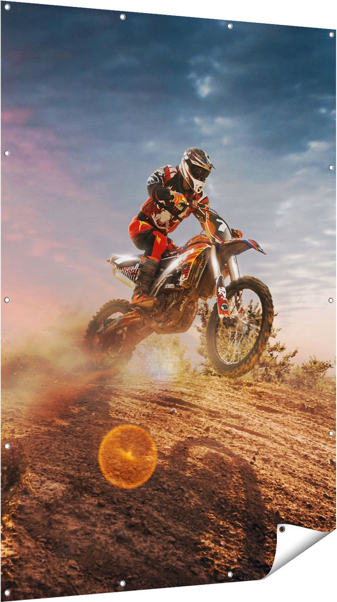 Gards Tuinposter Motorcross op een Heuvel bij Zonsondergang - 120x180 cm - Tuindoek - Tuindecoratie - Wanddecoratie buiten - Tuinschilderij Multikleur
