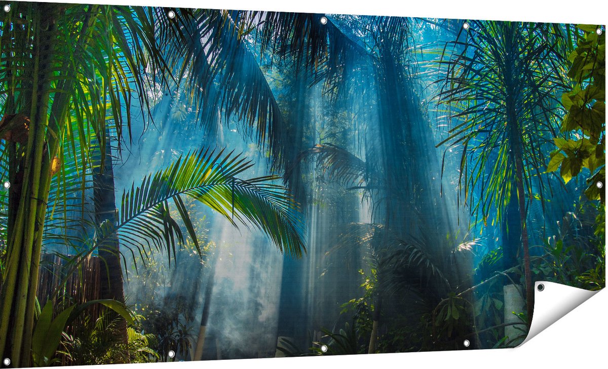 Gards Tuinposter Dichtbegroeide Jungle met Zonnestralen - 180x90 cm - Tuindoek - Tuindecoratie - Wanddecoratie buiten - Tuinschilderij Multikleur