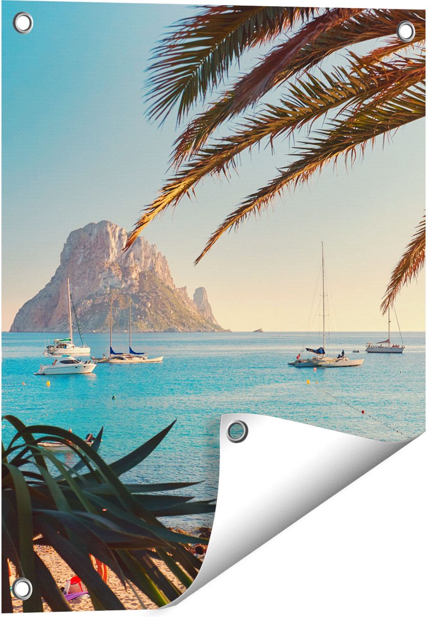 Gards Tuinposter Ibiza Cala d'Hort Strand - 40x50 cm - Tuindoek - Tuindecoratie - Wanddecoratie buiten - Tuinschilderij Multikleur