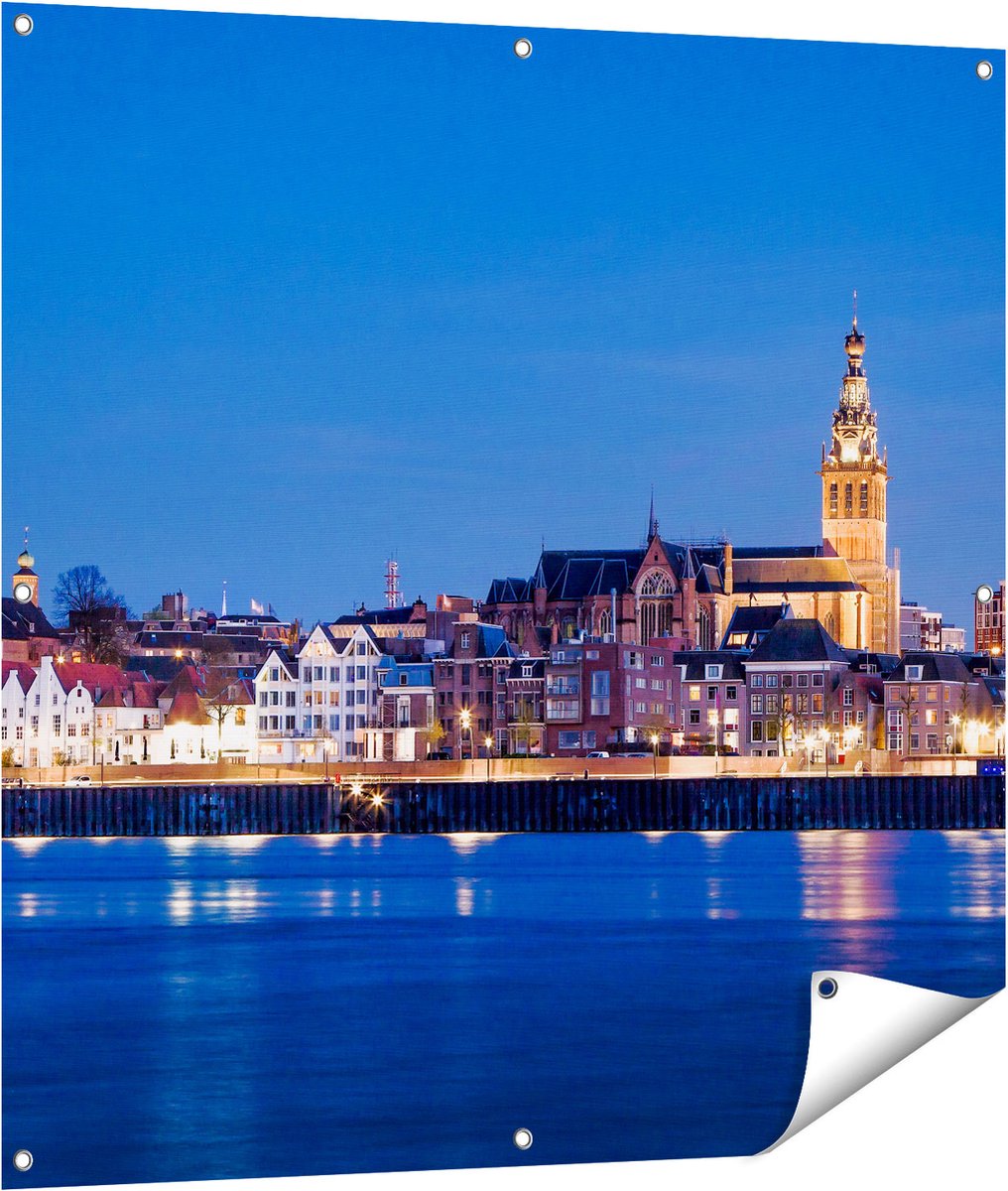 Gards Tuinposter Nijmegen Skyline met de Waal Rivier - 100x100 cm - Tuindoek - Tuindecoratie - Wanddecoratie buiten - Tuinschilderij Multikleur