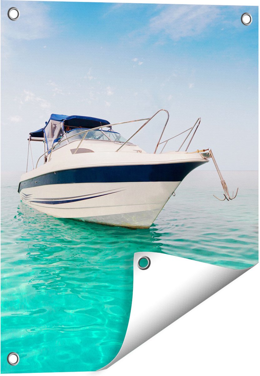 Gards Tuinposter Motorboot aan het Strand met Blauw Water - 40x50 cm - Tuindoek - Tuindecoratie - Wanddecoratie buiten - Tuinschilderij Multikleur