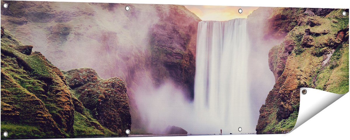 Gards Tuinposter Waterval met een Weerspiegeling in het Water - 150x50 cm - Tuindoek - Tuindecoratie - Wanddecoratie buiten - Tuinschilderij Multikleur