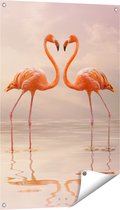Gards Tuinposter Twee Flamingo's in een Hartjes Vorm - 60x90 cm - Tuindoek - Tuindecoratie - Wanddecoratie buiten - Tuinschilderij