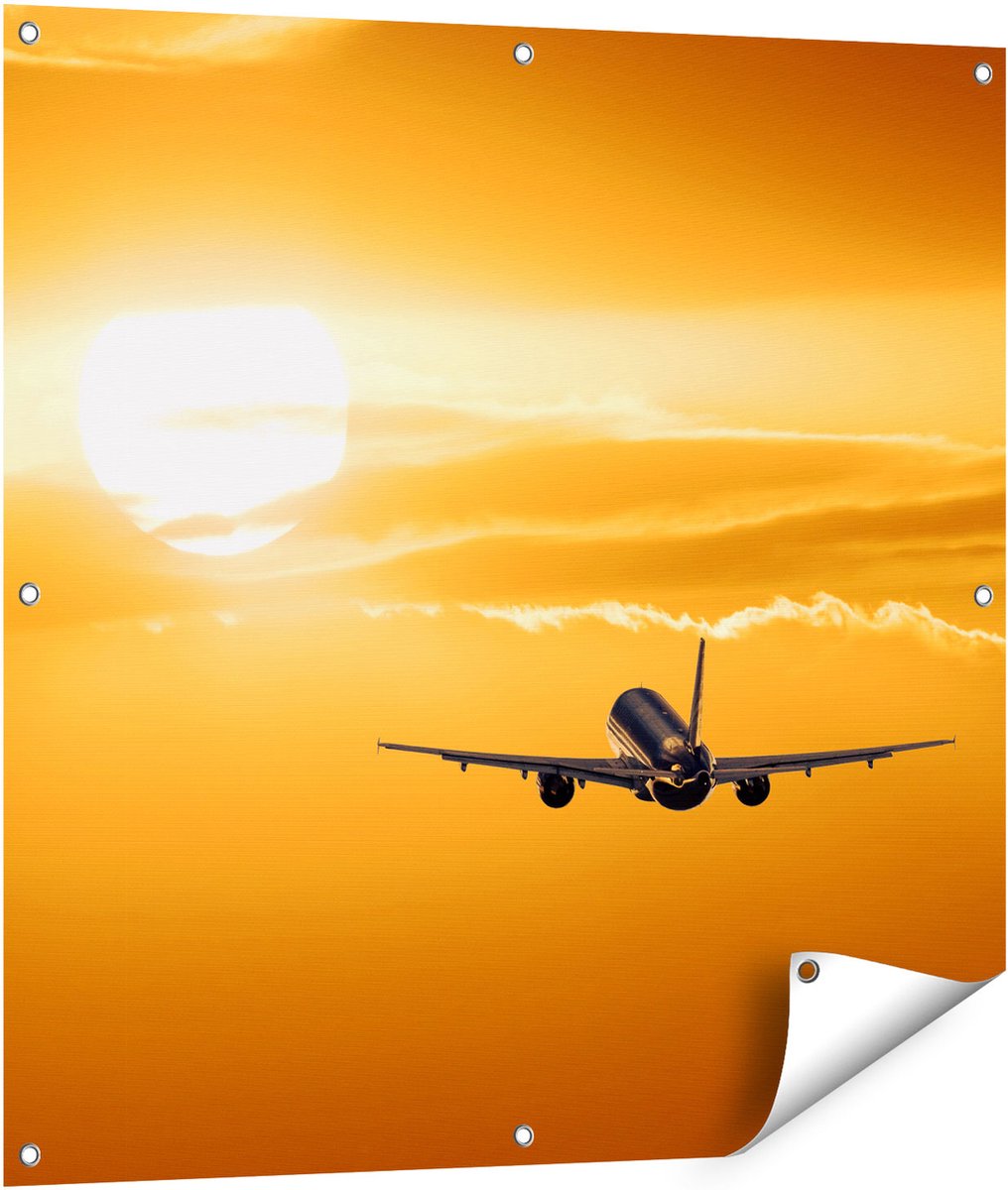 Gards Tuinposter Vliegtuig bij Zonsondergang - 90x90 cm - Tuindoek - Tuindecoratie - Wanddecoratie buiten - Tuinschilderij Multikleur