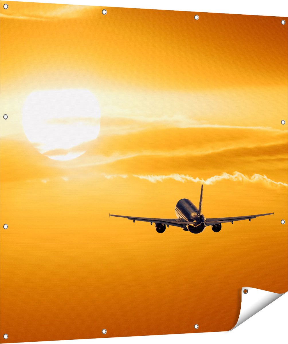 Gards Tuinposter Vliegtuig bij Zonsondergang - 120x120 cm - Tuindoek - Tuindecoratie - Wanddecoratie buiten - Tuinschilderij Multikleur