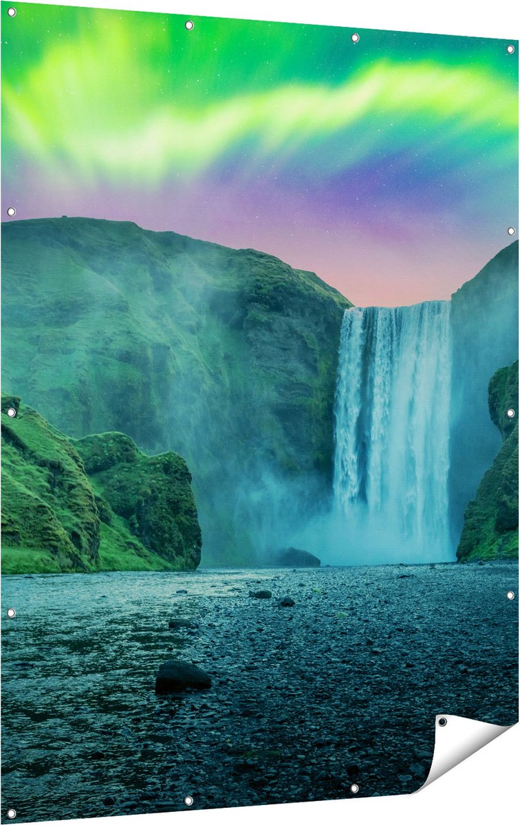 Gards Tuinposter Waterval met het Groene Noorderlicht - 120x160 cm - Tuindoek - Tuindecoratie - Wanddecoratie buiten - Tuinschilderij Multikleur