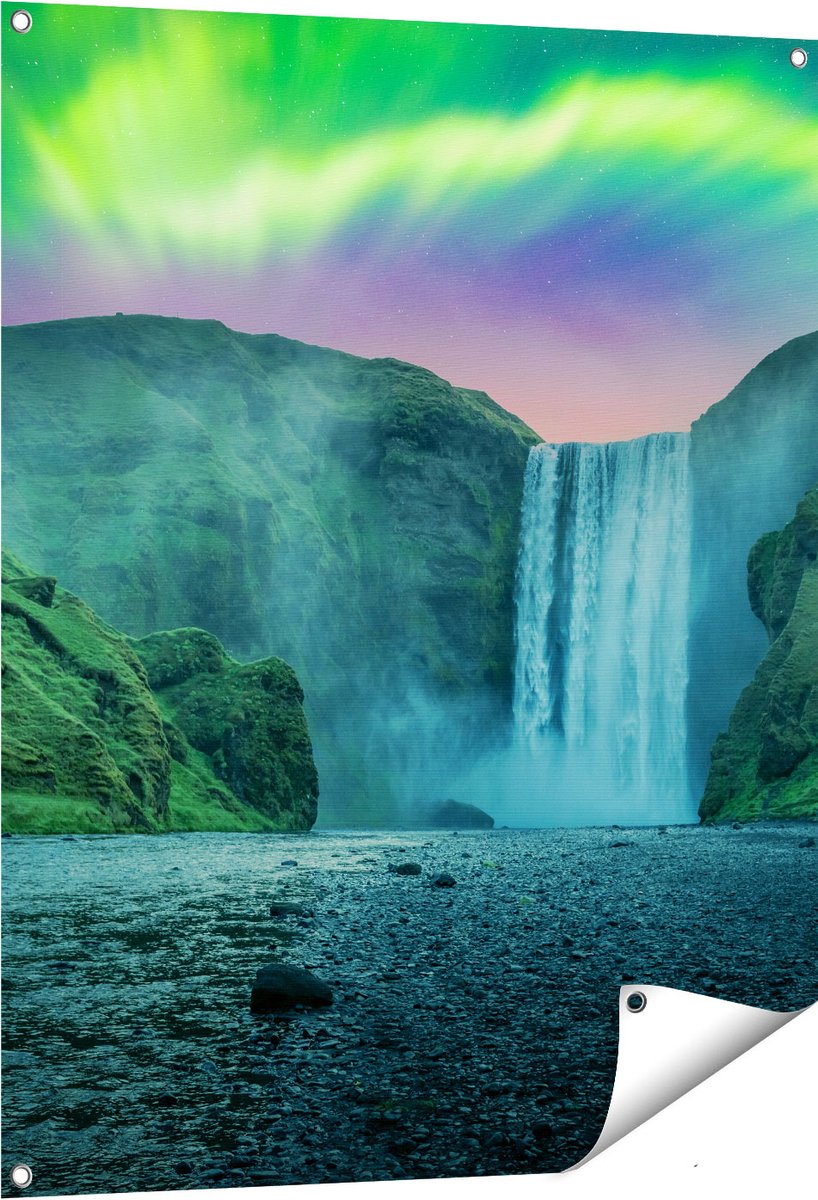 Gards Tuinposter Waterval met het Groene Noorderlicht - 80x100 cm - Tuindoek - Tuindecoratie - Wanddecoratie buiten - Tuinschilderij Multikleur
