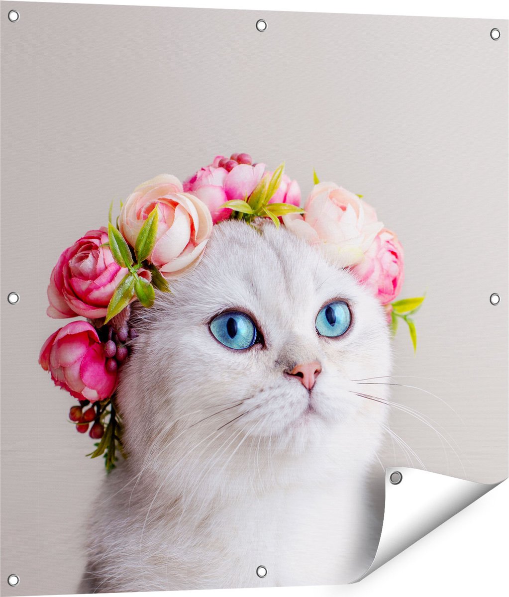 Gards Tuinposter Kat met een Bloemen Kroon - 80x80 cm - Tuindoek - Tuindecoratie - Wanddecoratie buiten - Tuinschilderij Multikleur