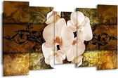 GroepArt - Canvas Schilderij - Orchidee - Bruin, Goud, Crème - 150x80cm 5Luik- Groot Collectie Schilderijen Op Canvas En Wanddecoraties