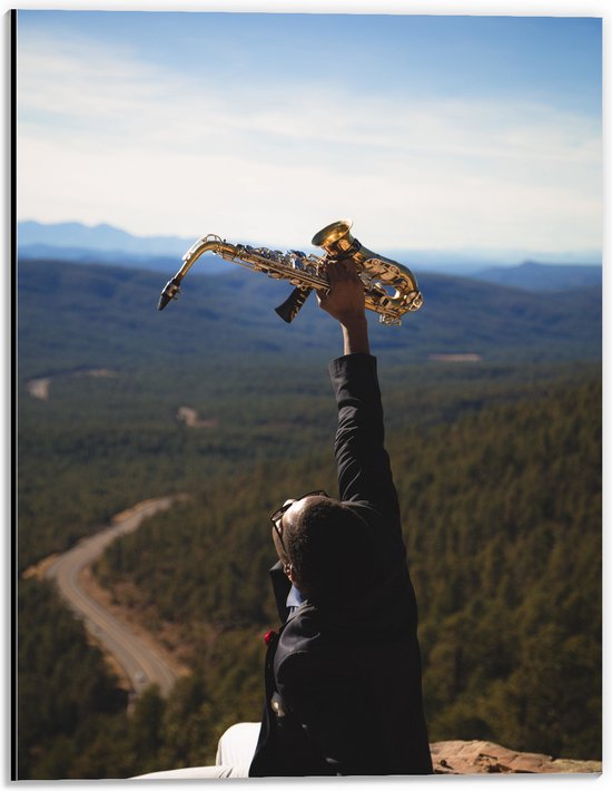 Dibond - Man met Trompet aan de Rand van Cliff met Uitzicht - 30x40 cm Foto op Aluminium (Wanddecoratie van metaal)