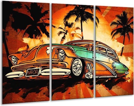 Glasschilderij Oldtimer - Geel, Oranje, Bruin - 120x80cm 3Luik - Foto Op Glas - Geen Acrylglas Schilderij - GroepArt 6000+ Glas Art Collectie - Maatwerk Mogelijk