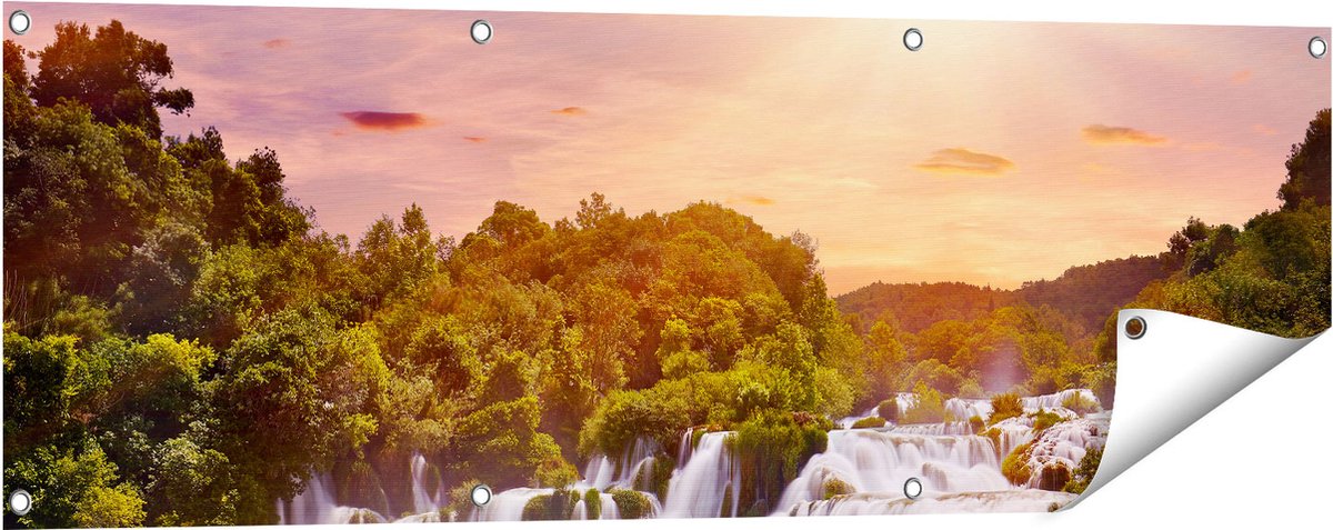 Gards Tuinposter Watervallen in het Bos - 120x40 cm - Tuindoek - Tuindecoratie - Wanddecoratie buiten - Tuinschilderij Multikleur