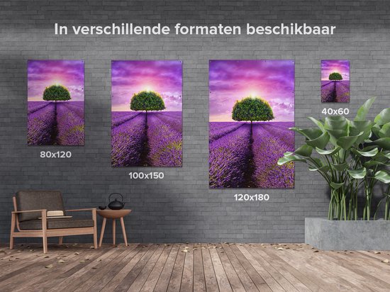 Gards Affiche de jardin Arbre Vert dans les Fleurs de Lavande - 100x150 cm - Toile jardin - Décoration de jardin - Décoration murale extérieur - Tableau jardin