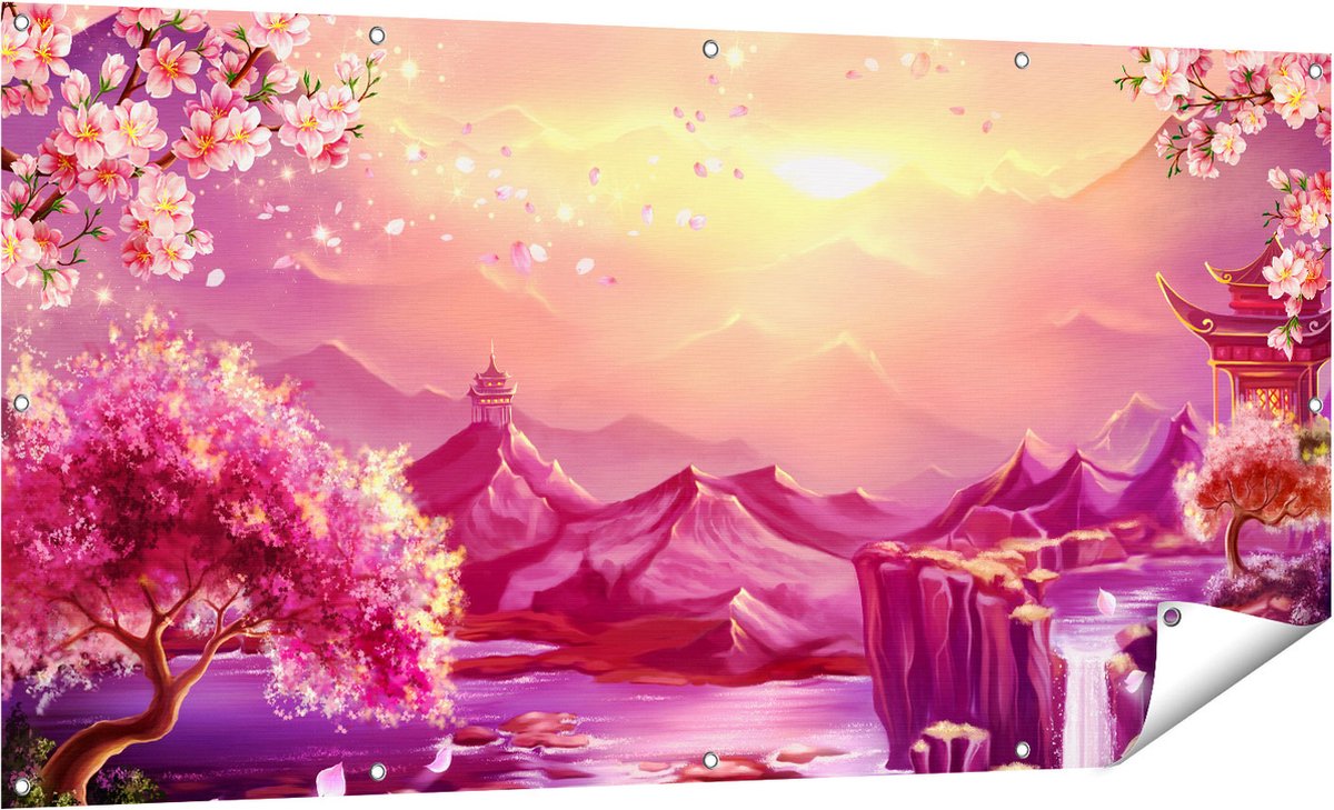 Gards Tuinposter Illustratie van Watervallen met Bloesems - 160x80 cm - Tuindoek - Tuindecoratie - Wanddecoratie buiten - Tuinschilderij Multikleur