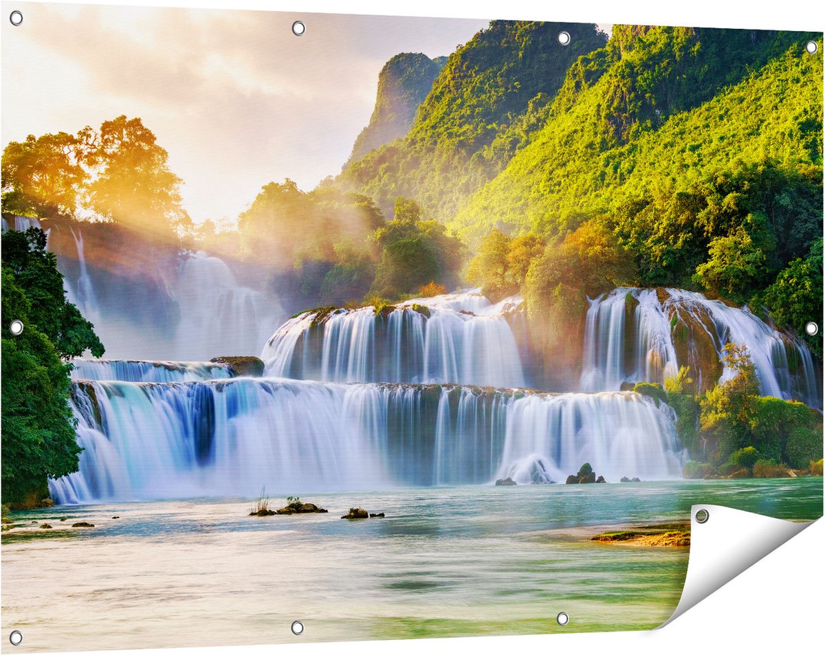 Gards Tuinposter Watervallen tussen de Bomen - 120x80 cm - Tuindoek - Tuindecoratie - Wanddecoratie buiten - Tuinschilderij Multikleur