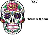 10x Applicatie Sugar skull bloemen 12cm x 8,5cm - PXP Partyxplosion - Festival thema feest day of dead horror halloween