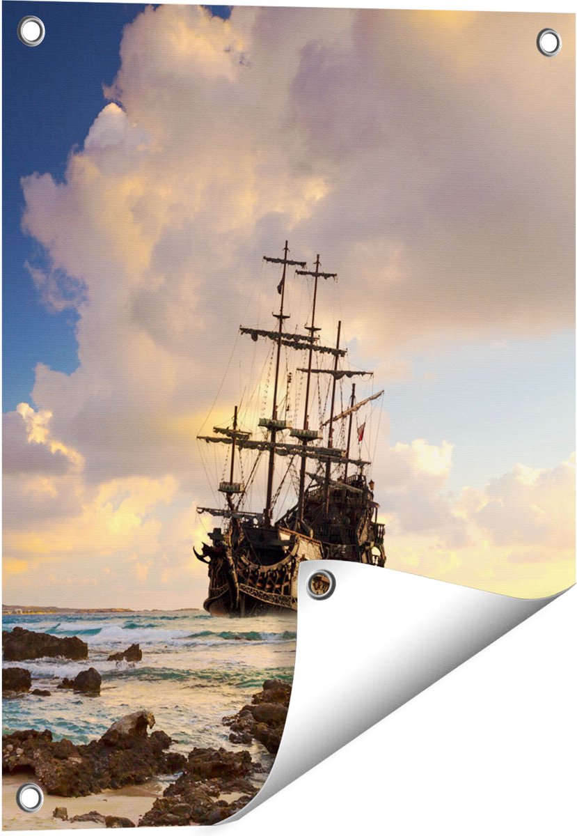 Gards Tuinposter Piratenschip aan de Kust bij Zonsondergang - 40x50 cm - Tuindoek - Tuindecoratie - Wanddecoratie buiten - Tuinschilderij Multikleur