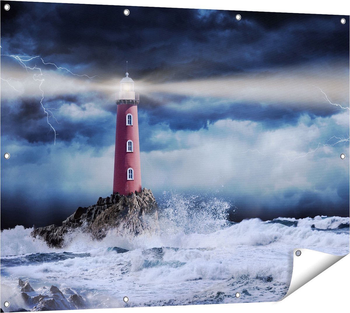 Gards Tuinposter Vuurtoren op een Storm Zee met Golfen Water - 120x90 cm - Tuindoek - Tuindecoratie - Wanddecoratie buiten - Tuinschilderij Multikleur