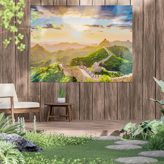Affiche de jardin Gards La Grande Muraille de Chine à travers les Montagnes avec soleil - 160x120 cm - Toile de jardin - Décoration de jardin - Décoration murale extérieure - Tableau de jardin