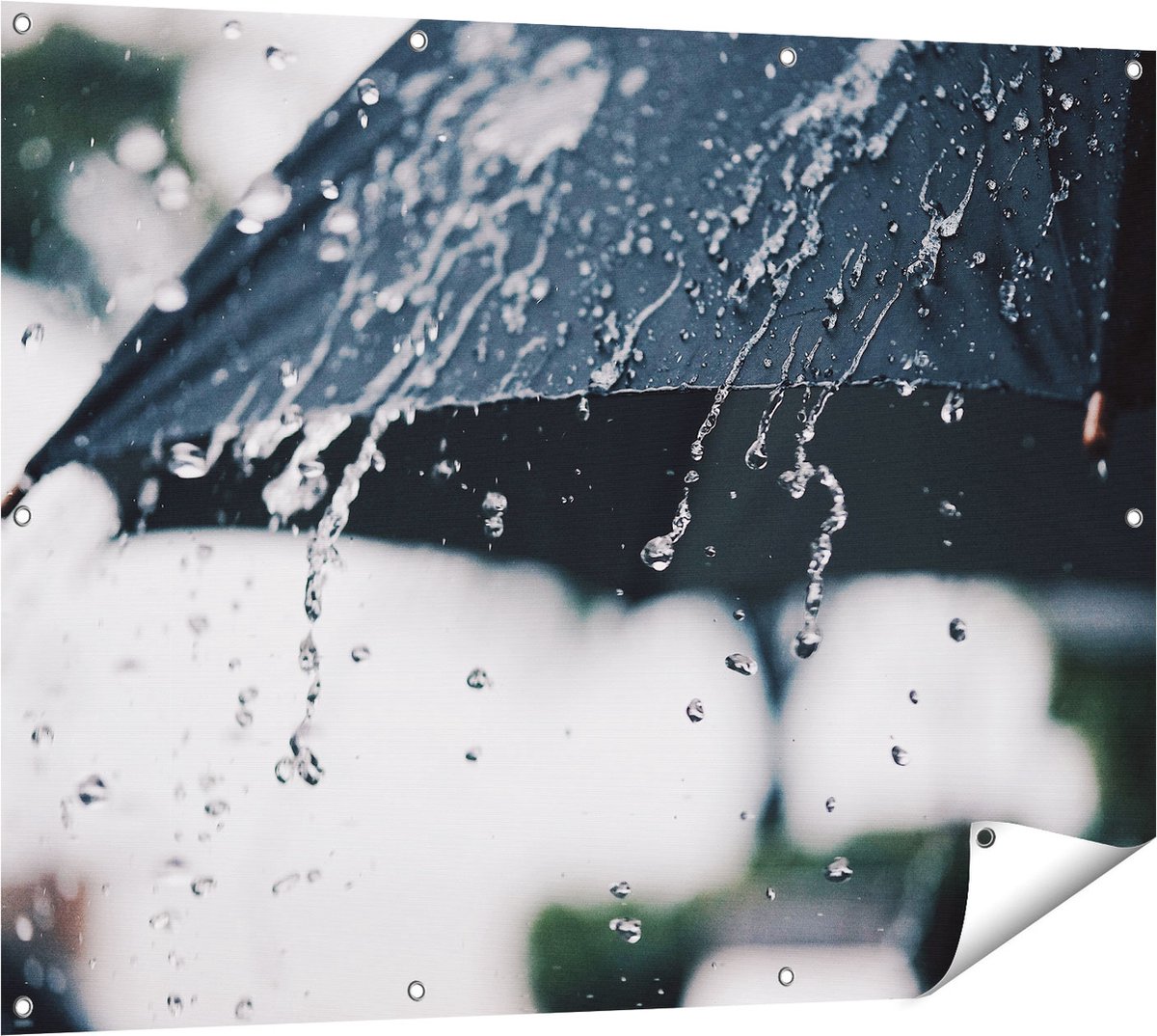 Gards Tuinposter Zwarte Paraplu met Regen Druppels - 120x90 cm - Tuindoek - Tuindecoratie - Wanddecoratie buiten - Tuinschilderij Multikleur