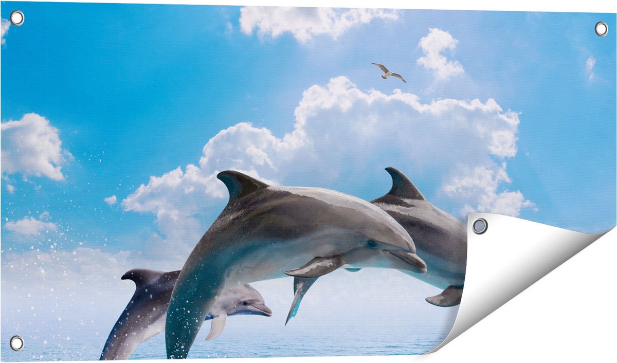 Gards Tuinposter Dolfijnen Springen uit de Blauwe Zee - 80x40 cm - Tuindoek - Tuindecoratie - Wanddecoratie buiten - Tuinschilderij Multikleur
