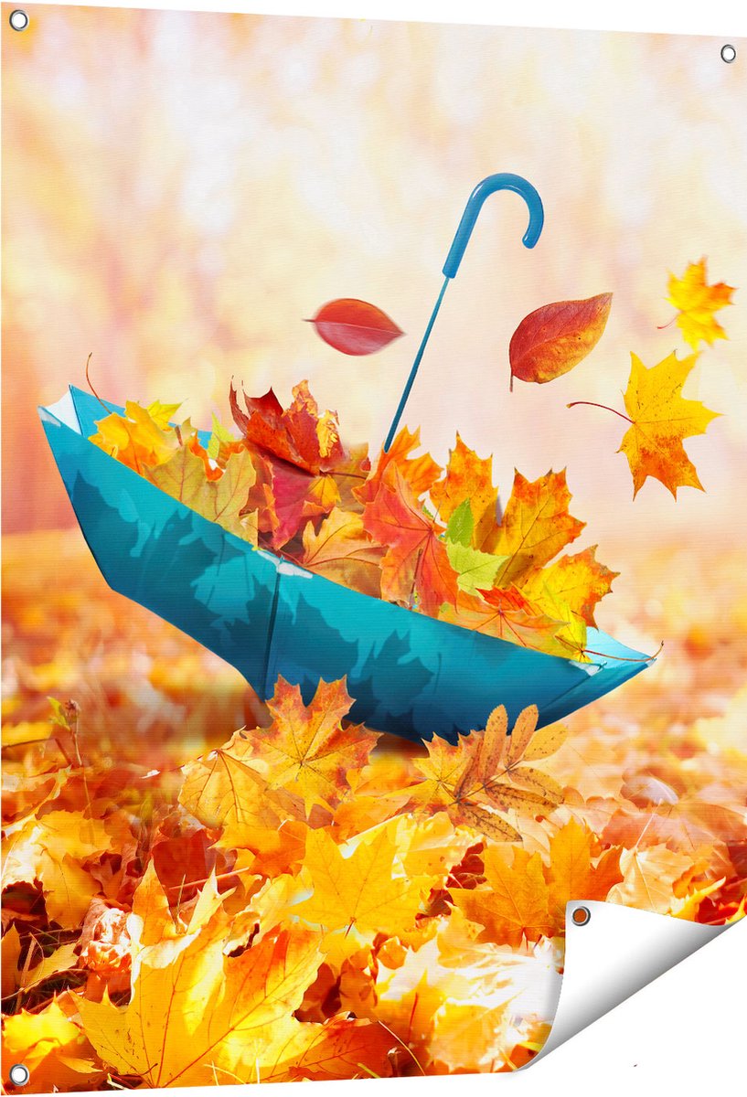 Gards Tuinposter Blauwe Paraplu in de Herfstbos met Bladeren - 80x100 cm - Tuindoek - Tuindecoratie - Wanddecoratie buiten - Tuinschilderij Multikleur