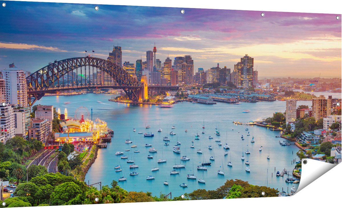 Gards Tuinposter Sydney Harbour Bridge in de Avond - 180x90 cm - Tuindoek - Tuindecoratie - Wanddecoratie buiten - Tuinschilderij Multikleur