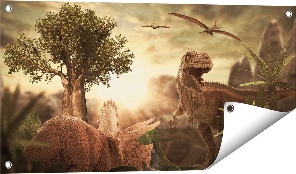 Gards Tuinposter Dinosauri�rs in de Natuur - Dino's - 80x40 cm - Tuindoek - Tuindecoratie - Wanddecoratie buiten - Tuinschilderij Multikleur