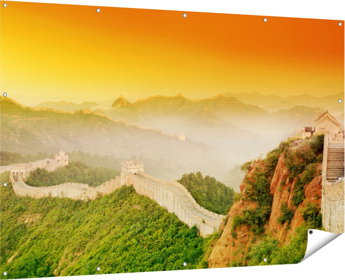 Gards Tuinposter Chinese Muur bij Zonsopgang - 180x120 cm - Tuindoek - Tuindecoratie - Wanddecoratie buiten - Tuinschilderij Multikleur