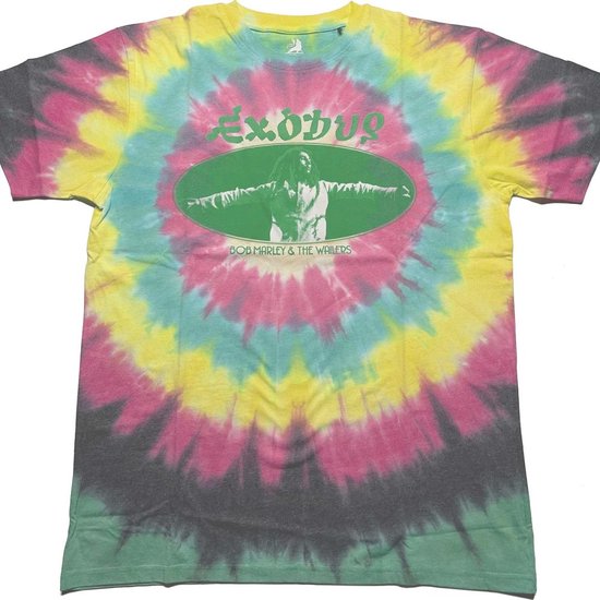 Tie-dye T-shirt in geel, roze, turkoois en grijs met een groene ovaal met daarop Bob Marley en de tekst "EXODUS" en "BOB MARLEY & THE WAILERS".