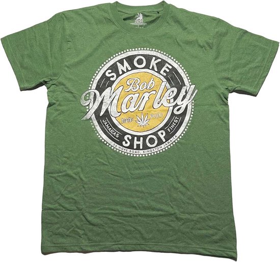 Groen Bob Marley Smoke Shop T-shirt met cirkelvormig logo met "SMOKE", "Bob Marley", "100% PURE", "JAMAICAS" en "SHOP", "56 HOPE ROAD. KINGSTON JAMAICA".