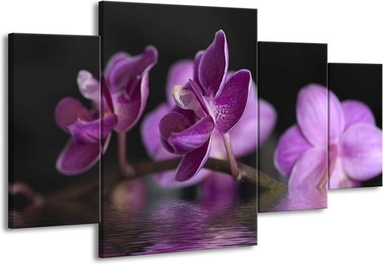 GroepArt - Schilderij -  Orchidee - Paars, Zwart - 160x90cm 4Luik - Schilderij Op Canvas - Foto Op Canvas