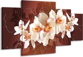 GroepArt - Schilderij -  Orchidee - Bruin, Crème - 160x90cm 4Luik - Schilderij Op Canvas - Foto Op Canvas