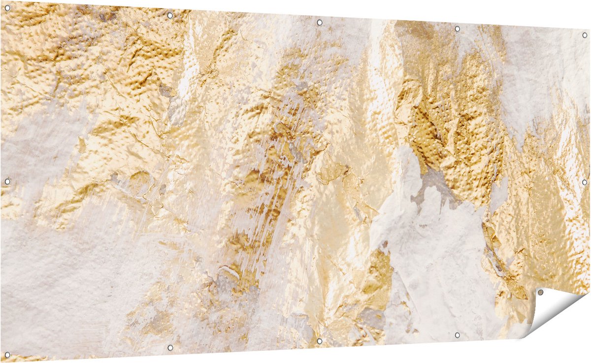 Gards Tuinposter Abstracte Kunst van Goud en Wit - 200x100 cm - Tuindoek - Tuindecoratie - Wanddecoratie buiten - Tuinschilderij Multikleur