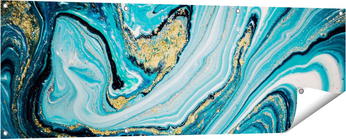 Gards Tuinposter Abstracte Luxe Kunst in het Blauw met Goud - 150x50 cm - Tuindoek - Tuindecoratie - Wanddecoratie buiten - Tuinschilderij Multikleur