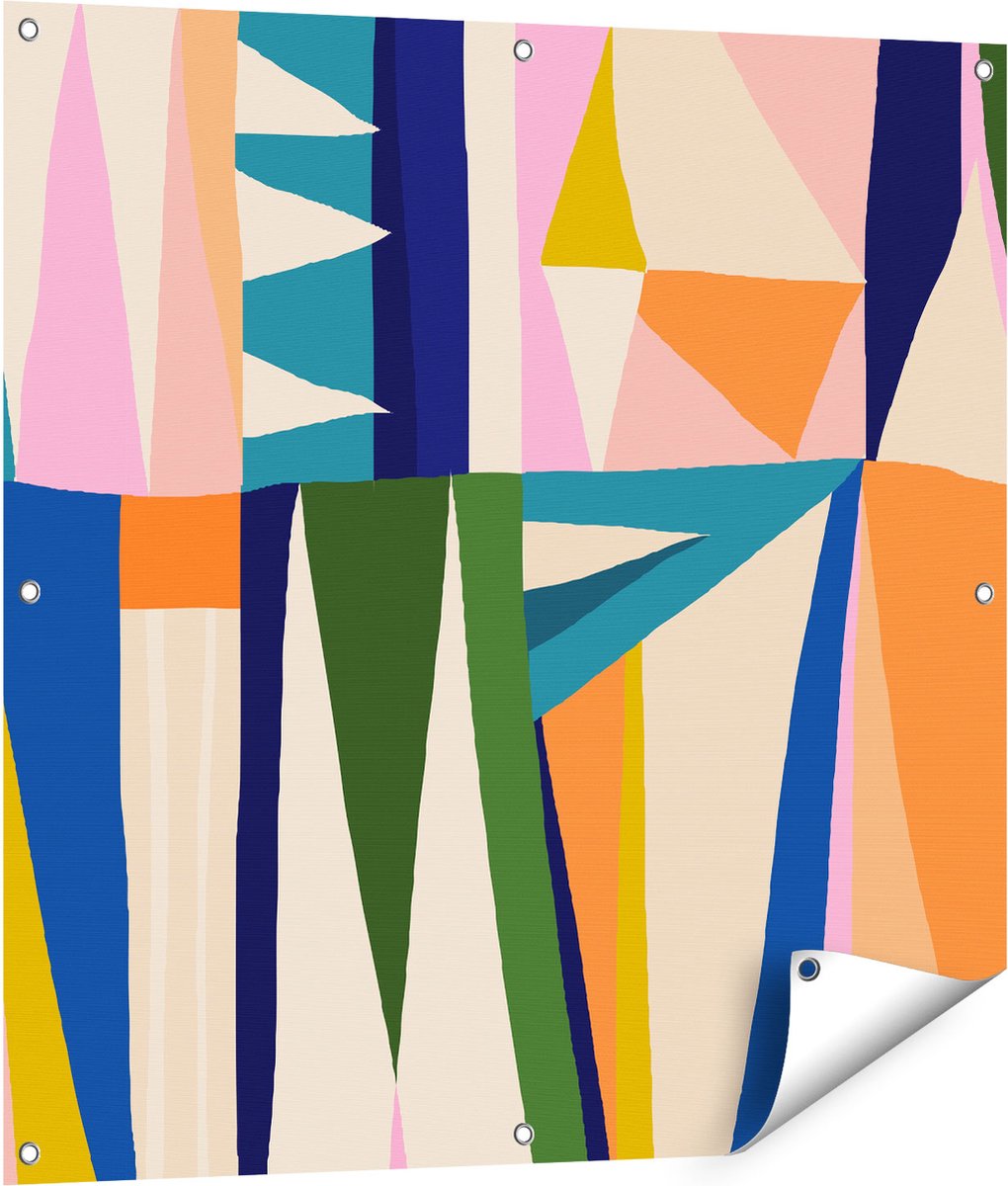 Gards Tuinposter Abstracte Kleurrijke Kunst - Driehoeken - 90x90 cm - Tuindoek - Tuindecoratie - Wanddecoratie buiten - Tuinschilderij Multikleur